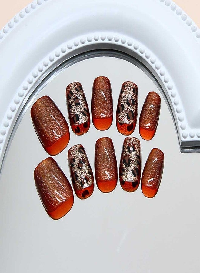 RikView Square Press on Nails Medium Fake Nails with Cat Eye Finish Caramel Nails Glossy Full Cover Nails for Women 15 Sizes - 30 PCs/Set - Image 2